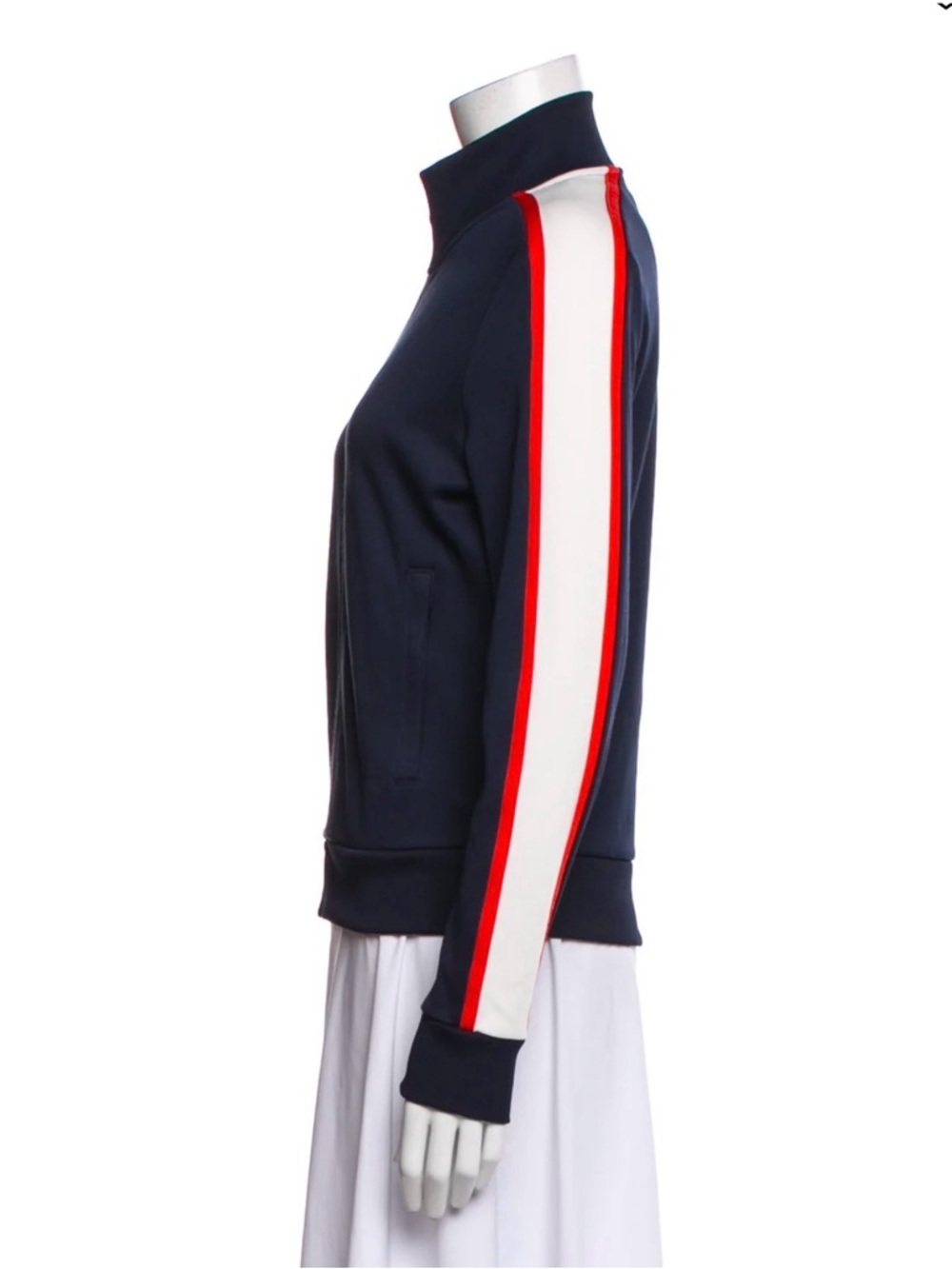 Tory Sport Navy Bomber Jacket with White and Red Sleeve Stripes